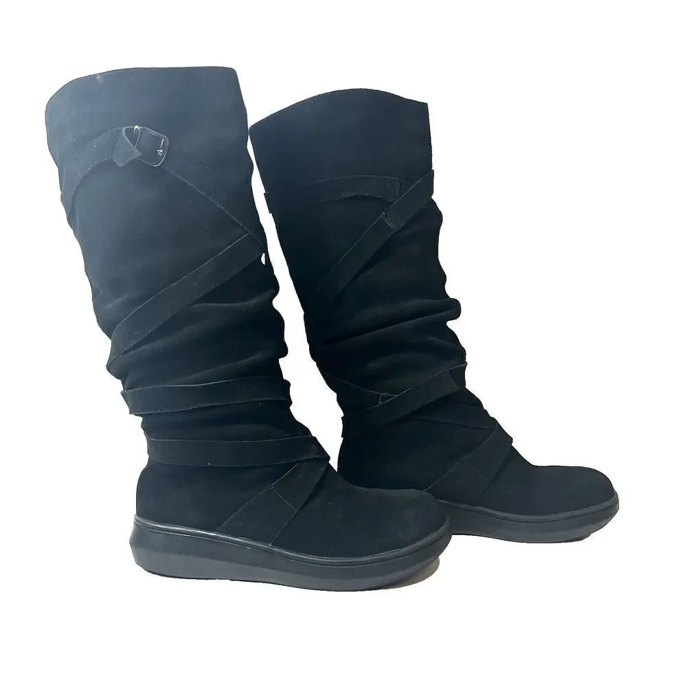 BDG Knee High Women's 7.5 M Casual Boots Black Suede Pull On Slouch Wrap Straps